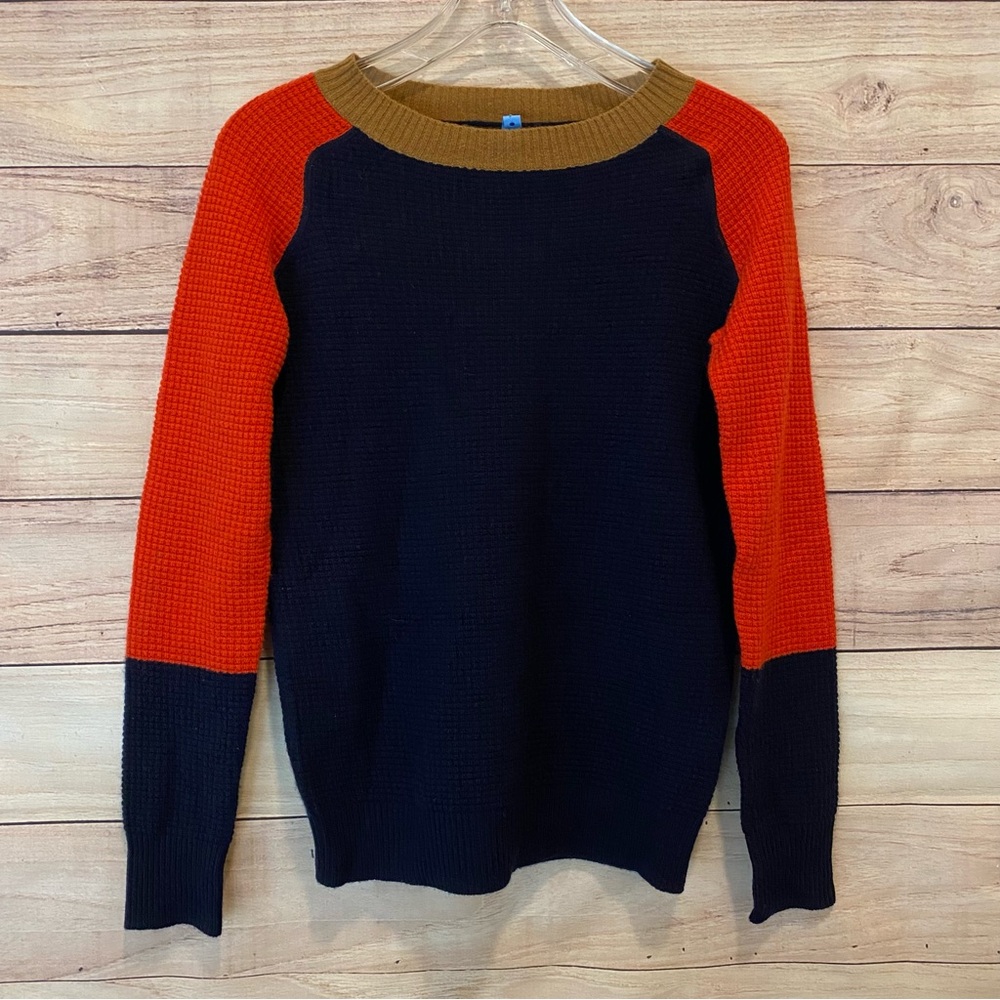 J Crew 100% Italian Cashmere Sweater Womens XS Blue Orange Colorblock Waffle